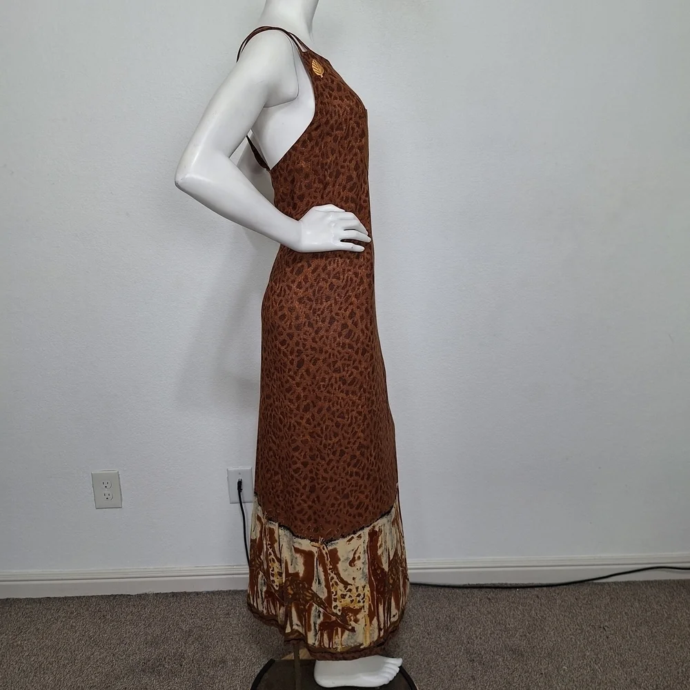 Brown Giraffe Animal Print Linen Boho Bohemian W/Pocket Sleeveless Maxi Dress - Picture 8 of 8